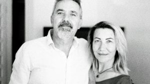 a black and white photo of a man and a woman